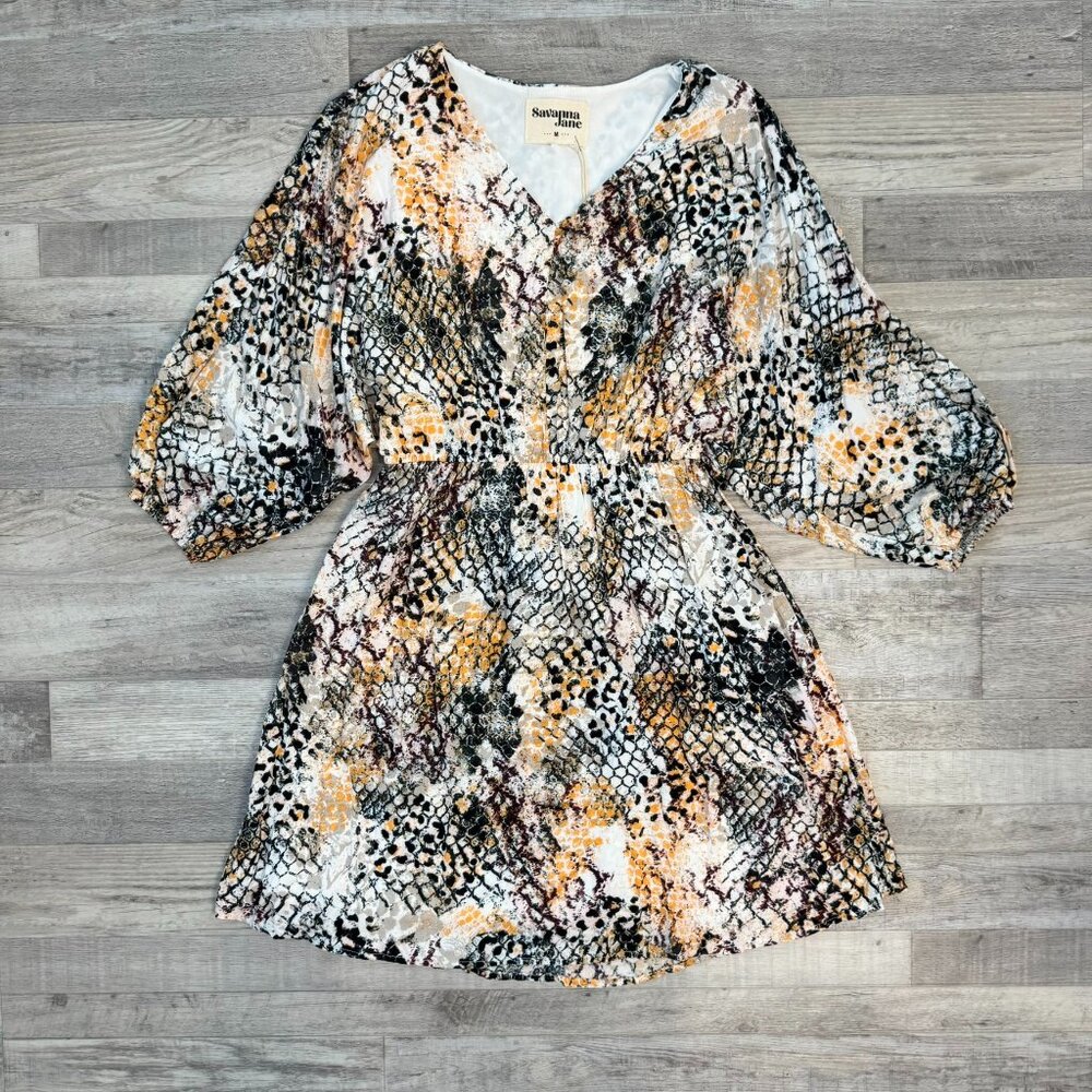 Savanna Jane NWT Multicolor Snake Print V-Neck 3/4 Sleeve Dress Size Medium S26